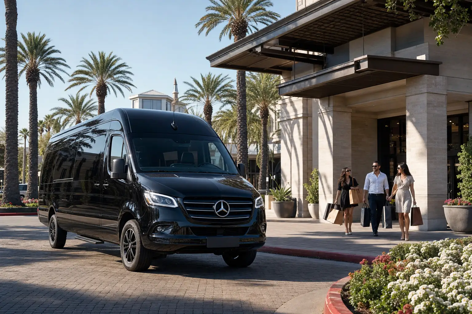 Black Mercedes-Benz Sprinter luxury van at the palm-lined entrance of Sawgrass Mills outlet mall, private transfer from Miami Beach